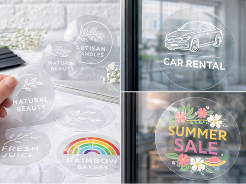 Transparent window decals with various designs and text on a glass surface.