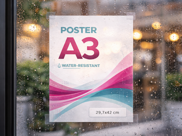 A3 poster on a window with raindrops