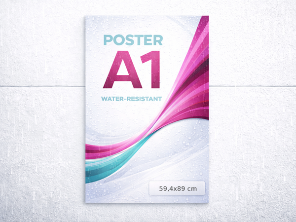 Poster A1 with water-resistant label on a textured surface