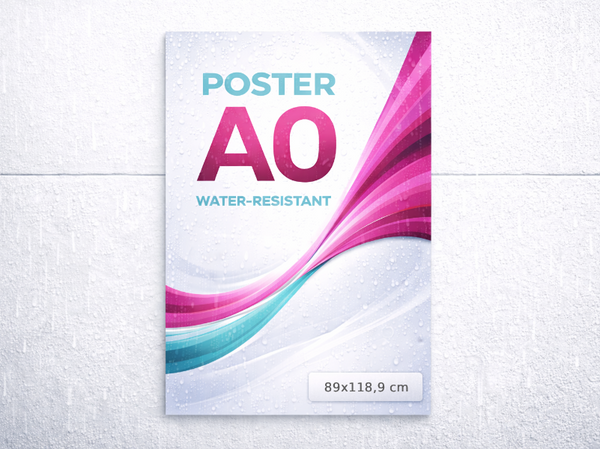 Poster AO packaging with colorful design on a textured white surface