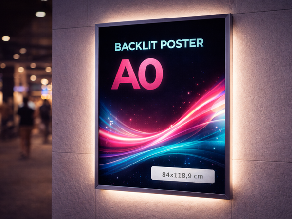 Backlit poster with colorful design and text on a wall in a public space.