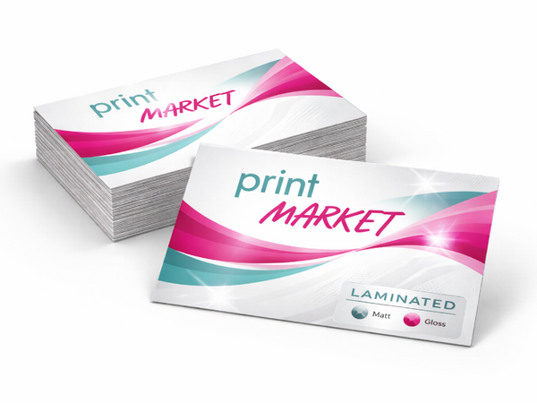 Stack of printed business cards with 'print market' branding on a white background