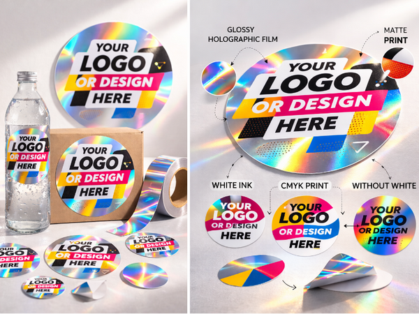 Holographic film design options with customizable text on a white background