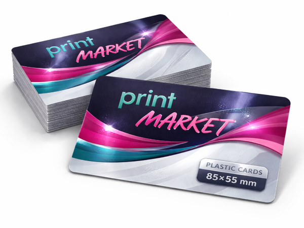 Stack of plastic cards with 'print Market' branding on a white background