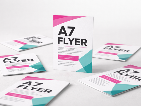 Multiple A7 flyer templates with geometric designs on a white background